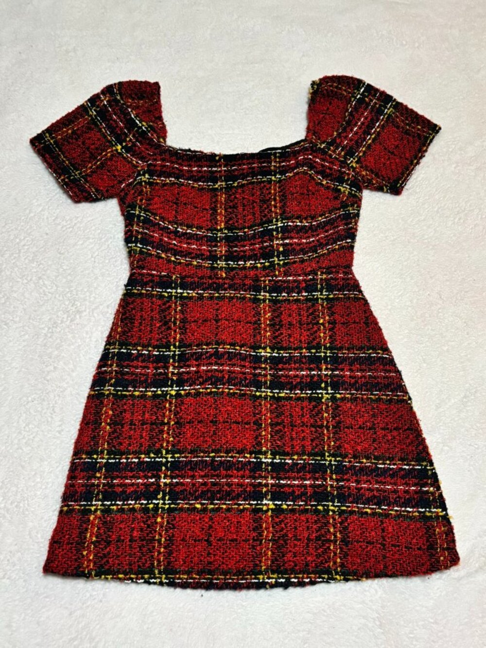 Vestique Red Plaid Tweed Square Neck Short Sleeve Mini Dress S